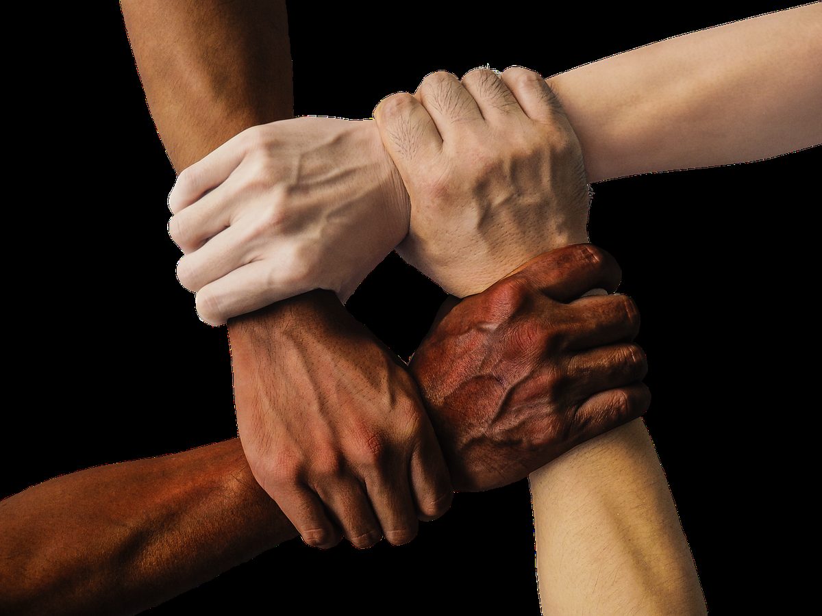 Four hands of different skin tones gripping each other's wrists in a square, a symbol of unity.
